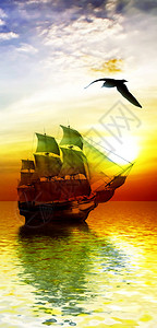 帆船和鸟儿对抗美丽的风景图片