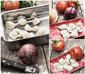 用新鲜蔬菜烹制馄饨的拼贴画图片