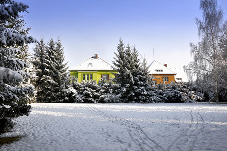 冬天的两个颜色房子图片