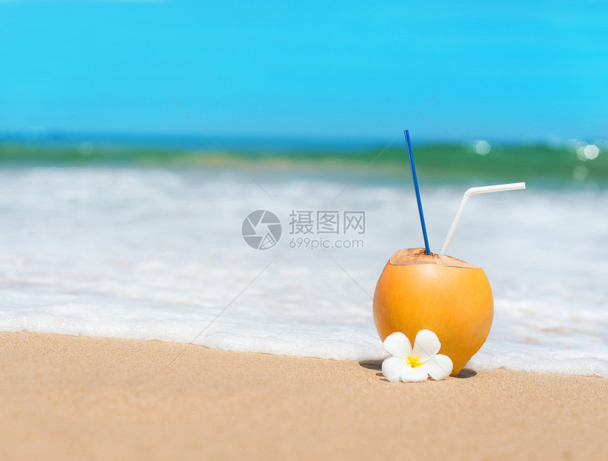 在海滩上喝吸管的椰子图片