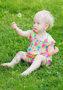 穿着多姿彩的衣服的可爱女婴坐在草地上拿着白图片