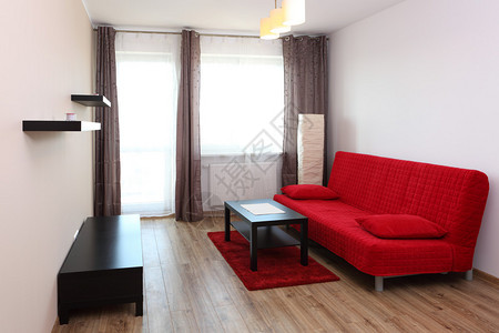 带红色沙发的现代客厅的景色图片