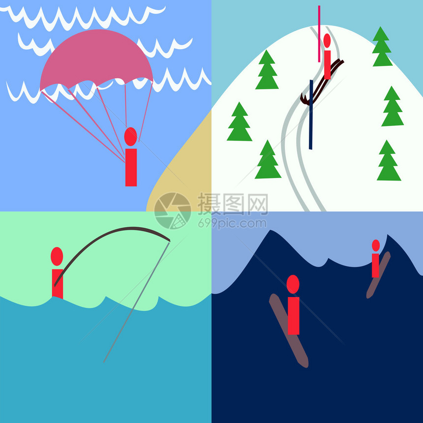 降落伞滑雪钓鱼和冲浪在Styl图片