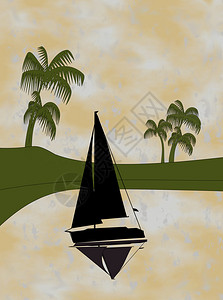 日落时一艘帆船在棕榈图片