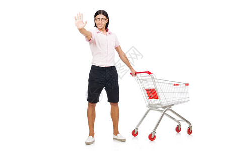 男子用超市车购物白色图片
