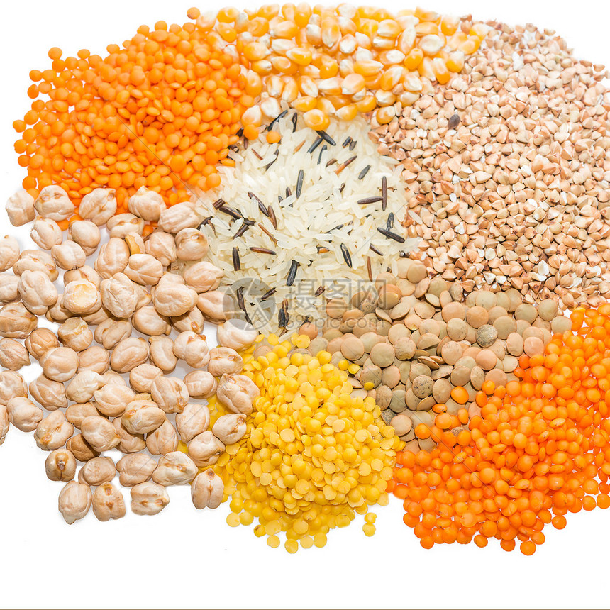 野生稻扁豆荞麦鹰嘴豆和玉米的各种谷物图片