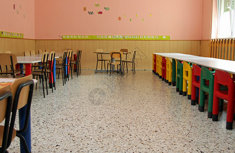幼儿园食堂餐桌上的小桌椅和彩色椅背景图片