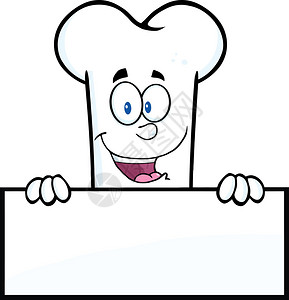 微笑的骨头卡通吉祥物在一个空白的标志在白色背景图片