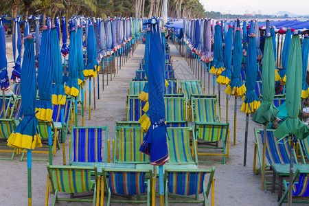 沙滩上沙滩椅和雨伞的景色图片