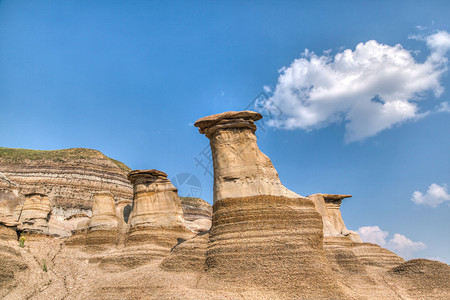 艾伯塔省Drumheller受保护地点的不祥之物不祥之物需要数百万年才能形成并站立5到7米高每个不祥之物都是一个砂岩柱图片