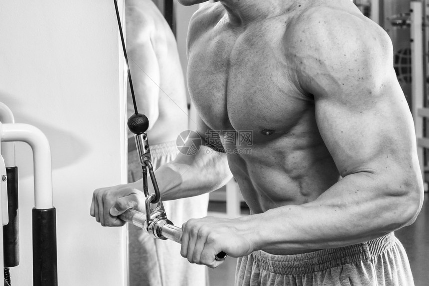 肌肉男在健身房举重男人做图片