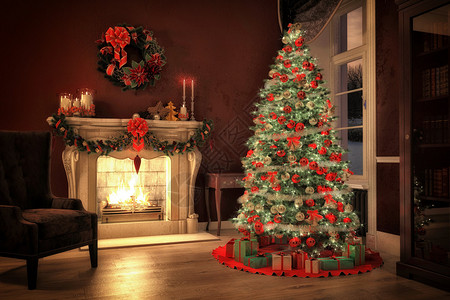 圣诞节场景用礼物和中的火3d渲染图片