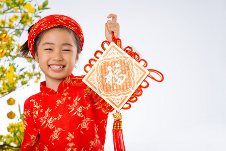 拥有传统越南新年奖章的快乐女孩Happy图片
