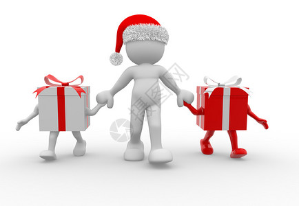 3d用白色背景的圣诞礼物和圣诞老人帽子渲染人图片