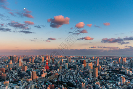 东京塔在东京市风景中非常突出因为日落的图片