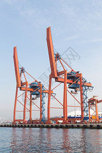 在贸易港口的橙色港口起重机背景图片