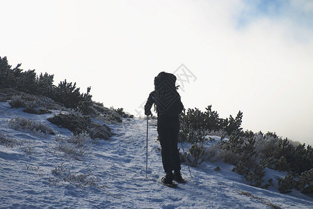 带雪鞋和大背包的游客正慢走到雪山上阿背景