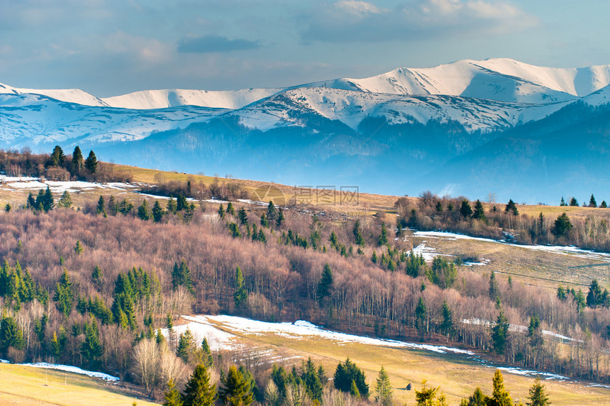 山喀尔巴阡山风景在春天与多雪的山峰图片