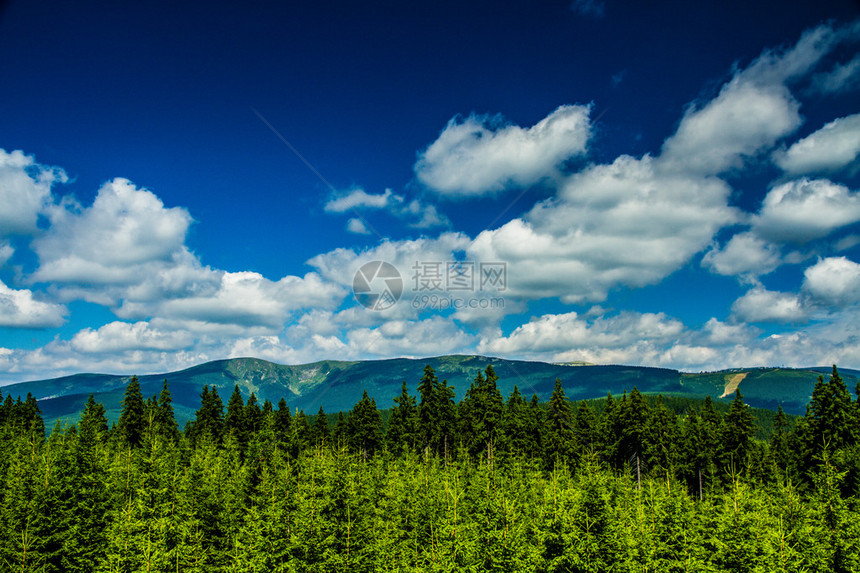 山地森林与蓝蓝的天空和云彩的视图图片
