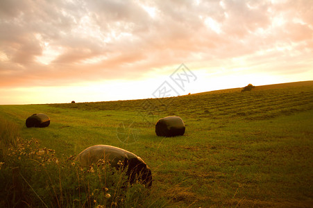 黄昏中干草堆的美丽风景图片