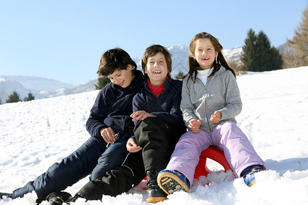 冬天雪山橇上的三兄弟图片
