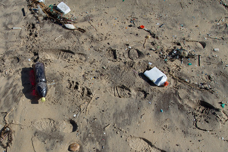 很多垃圾被冲上海滩的岸边图片