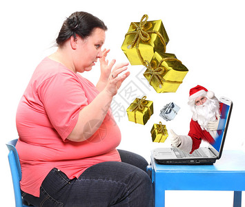 超重的女人和圣诞老人在店里买圣诞礼物图片