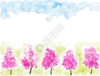 有背景的开花的树水彩插图背景图片