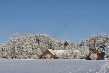 雪地里的农舍在寒冷的冬日图片