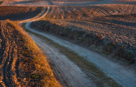 早春在波兰拍摄的带沙质乡村道路的耕种田地景观夕阳下美丽的乡图片