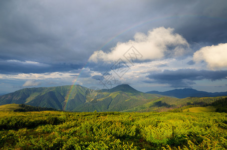 山上有彩虹的夏季风景雨后阳光图片