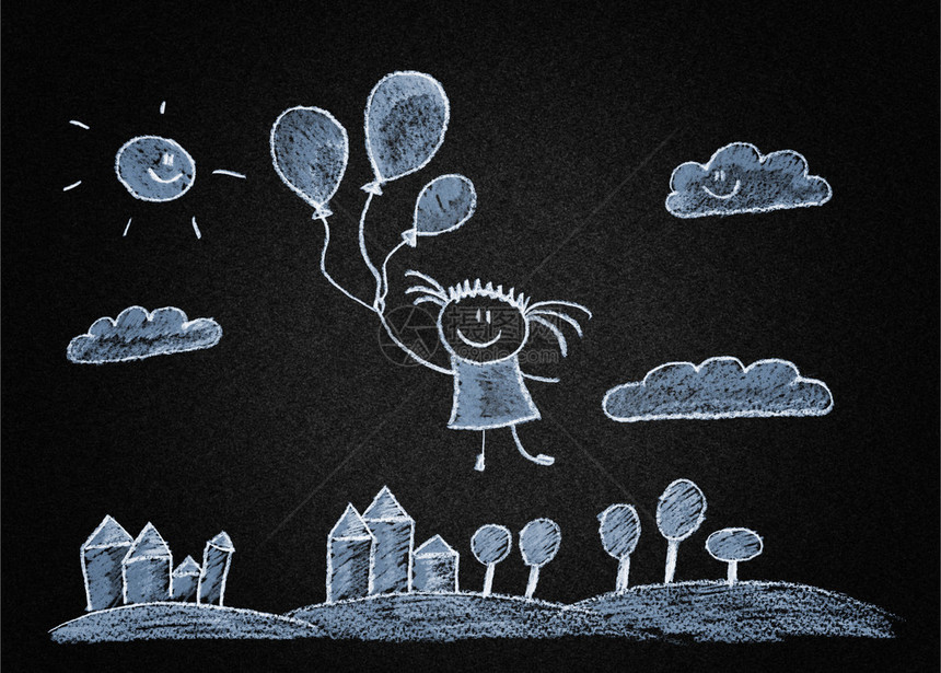带着心形气球的快乐女孩飞翔黑板或图片