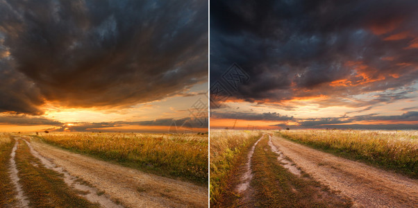 美丽的风景傍晚的日落风景的2张照片集图片