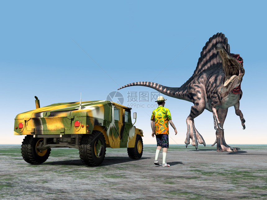 电脑生成了3D插图由一位鲁莽的游客和恐龙图片