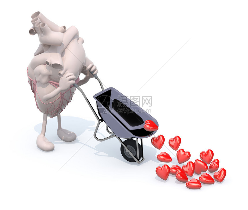 有胳膊和腿的人心脏带着一辆有心脏的独轮车图片