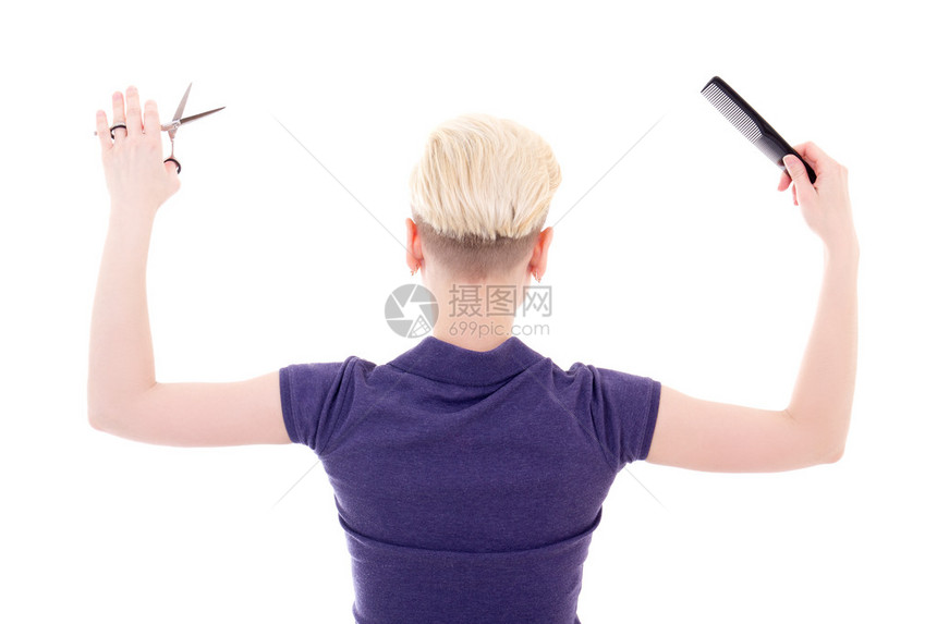白色背景上隔离的梳子和剪刀女发型图片