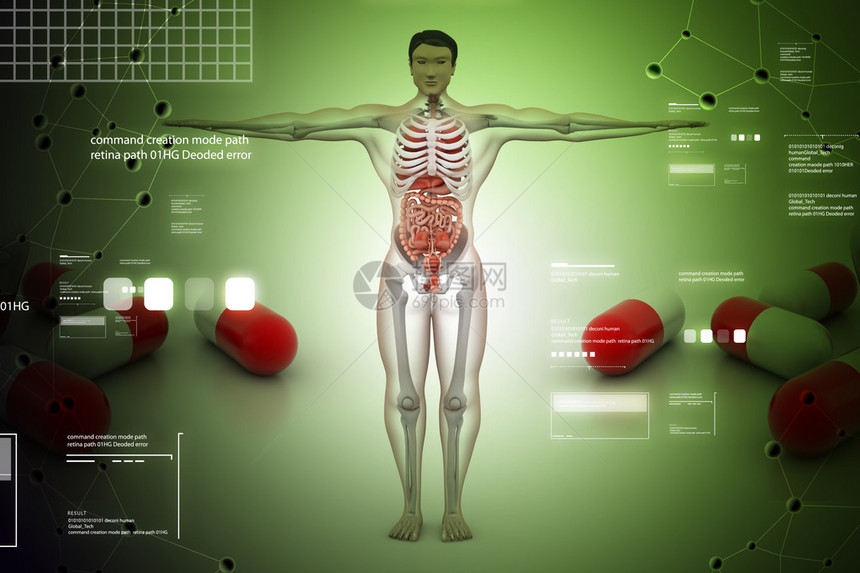 人体解剖学概念3d人体与彩色背景药丸图片