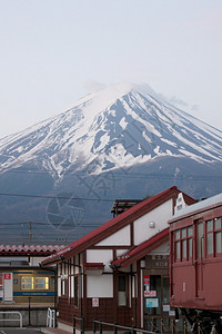 河口湖火车站和富士山背景背景图片