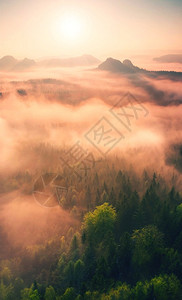 在美丽的山丘中弥漫着迷雾山峰从浓雾的图片