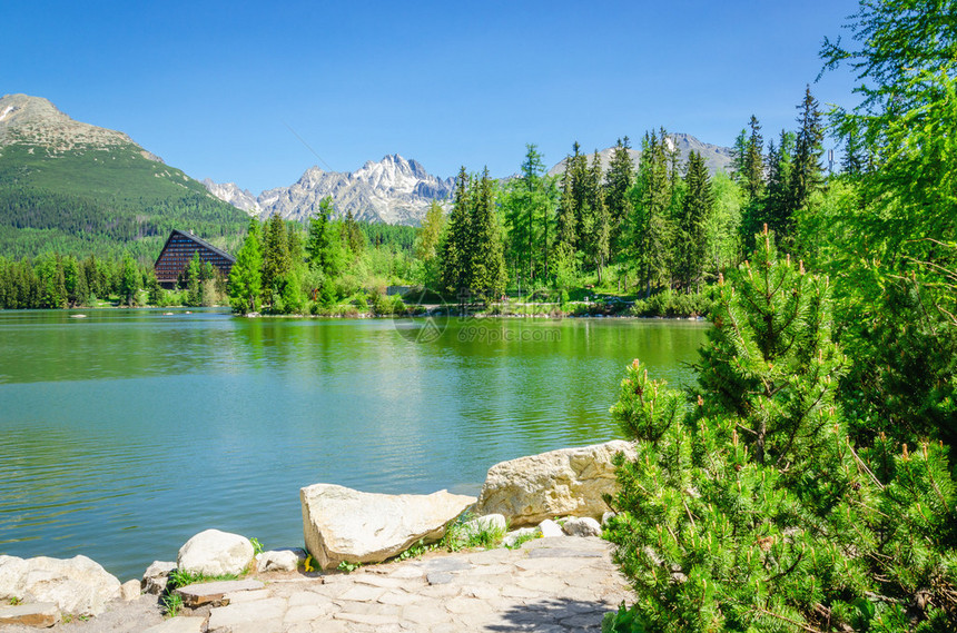 在绿树和蓝天空背景下山湖的美图片