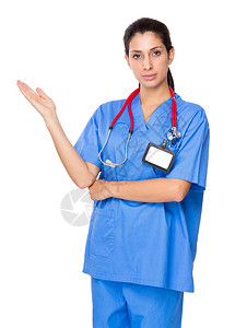 蓝色制服的女医生张开手掌图片