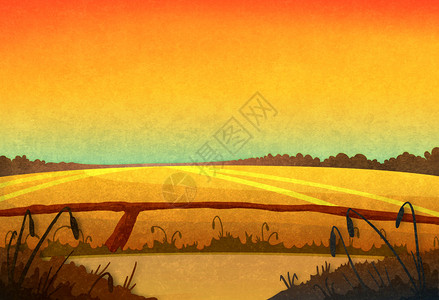 干旱夕阳下的田间作物卡通时尚背景光栅插图图片