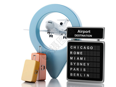 3d渲染器图像机场委员会旅行手提箱和机场指针航空旅行概念孤图片