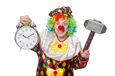 带时钟和锤子的小丑被白色隔离图片
