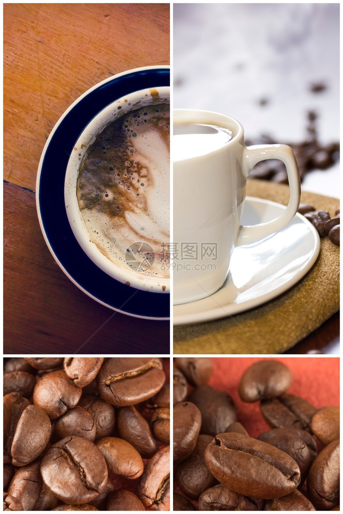 早晨饮料拼贴中的咖啡豆和拿铁咖啡图片