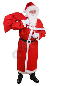 带着圣诞礼物包的圣诞老人在白色背景上举起拇指图片