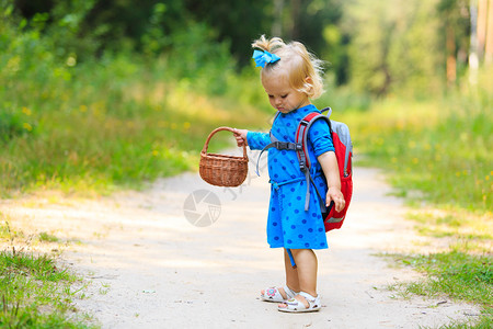 可爱的小女孩在夏季森林采蘑菇孩子们在图片