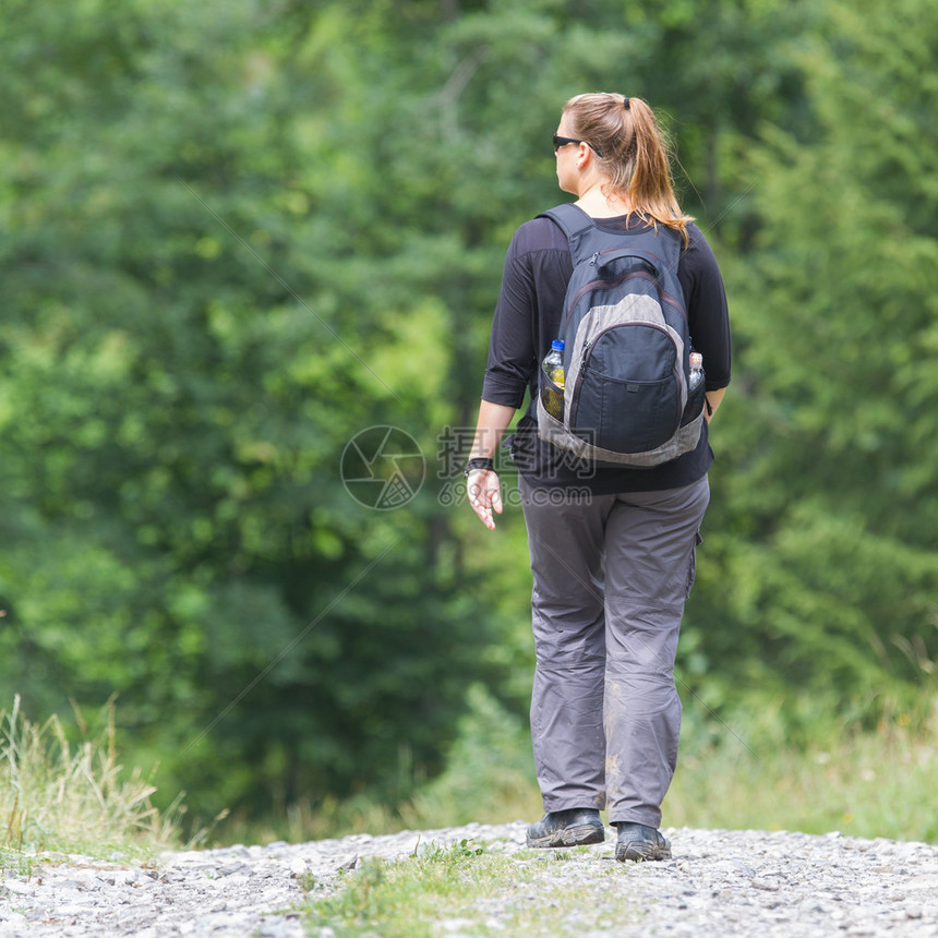 瑞士带背在徒步行走的青年妇女Hiker图片