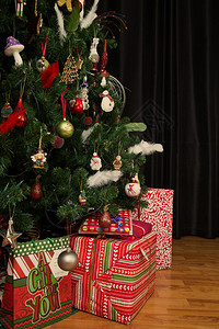 在真正的客厅的圣诞树下种背景图片