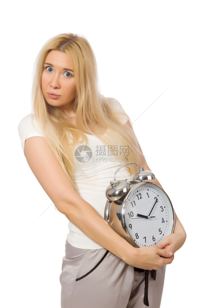 时钟上白色孤立的女人图片